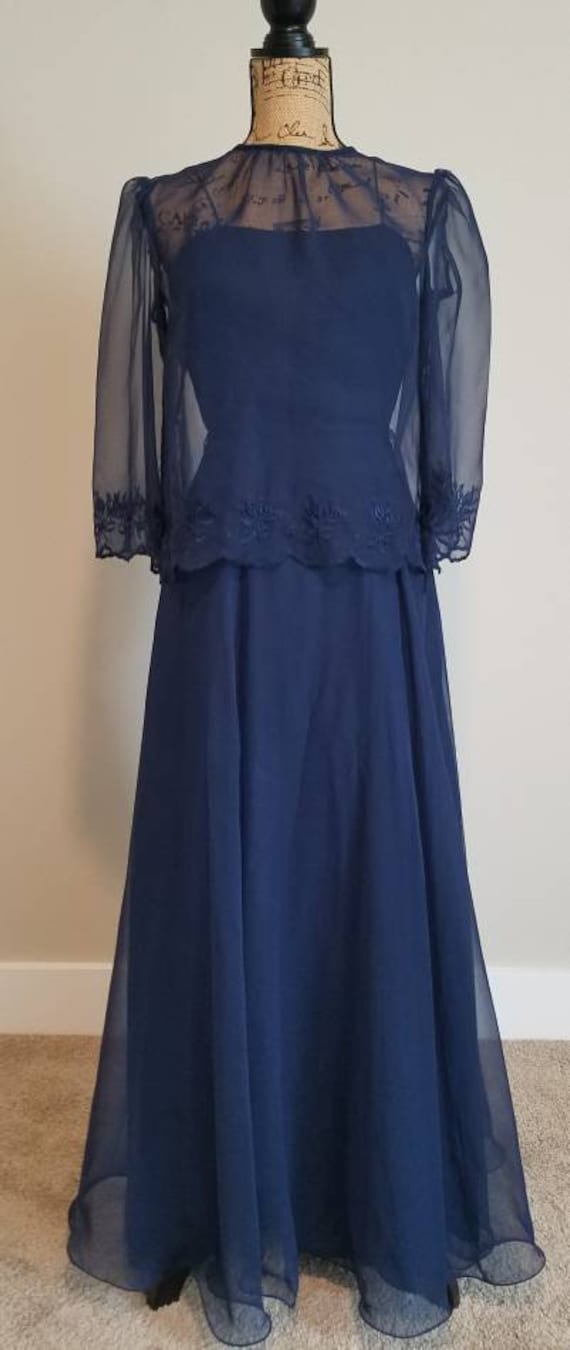 WillowLarkVintage 1960s Miss Elliette Navy Rayon Evening Dress with Sheer Chiffon Floral Coverlet