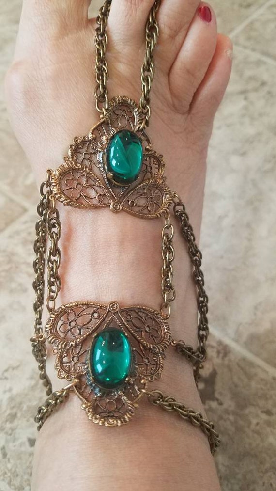 1930s -1970s Filigree Anklet With Green Stones / … - image 4