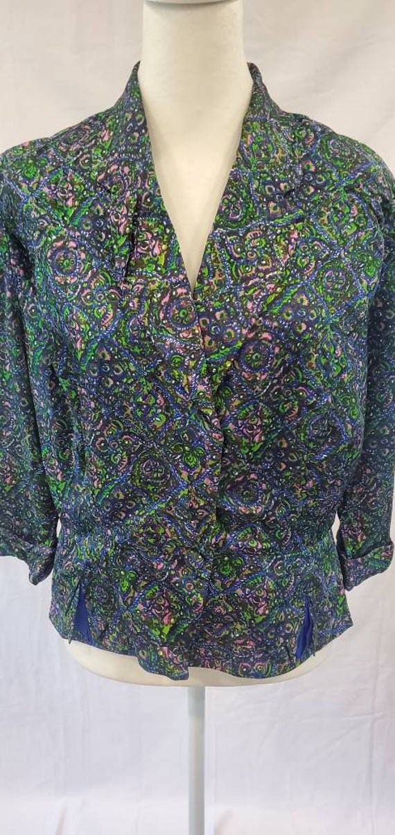 1950s Silk Turquoise Floral Paisley Print One But… - image 2