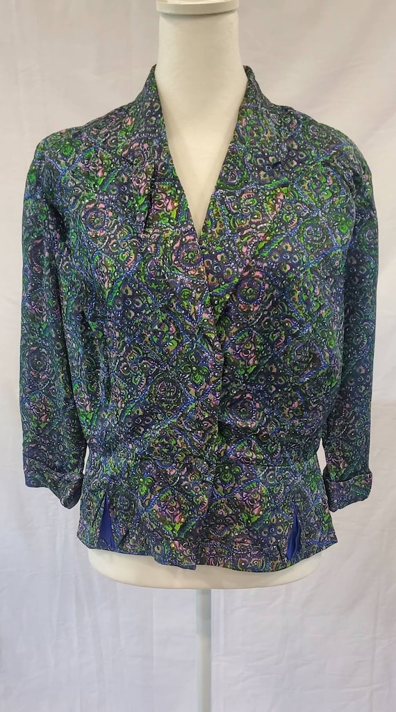 1950s Silk Turquoise Floral Paisley Print One But… - image 1