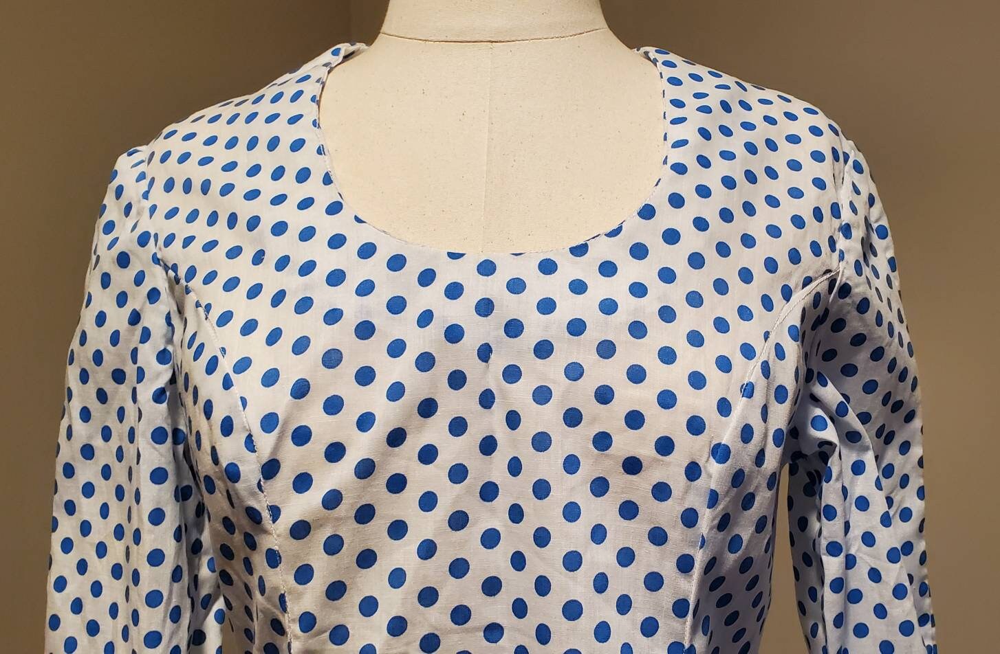 VTG 60S BLACK BLUE WHITE YELLOW POLKA DOT FLORAL DROPPED WAIST SHIFT DRESS 16 main image 1