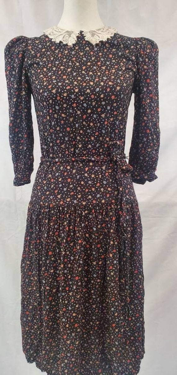 1980s Superstition Black Floral Peasant Dress With