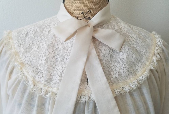 1970s Ivory Lace Yoked Sheer Blouse With Necktie … - image 2