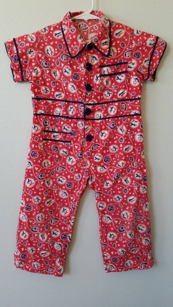 1940s Boys Red Sailor Printed Novelty Romper / One