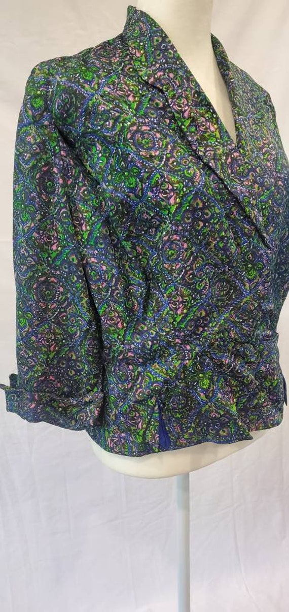 1950s Silk Turquoise Floral Paisley Print One But… - image 4