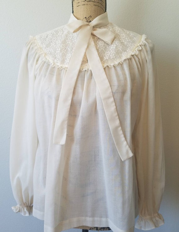 1970s Ivory Lace Yoked Sheer Blouse With Necktie … - image 1