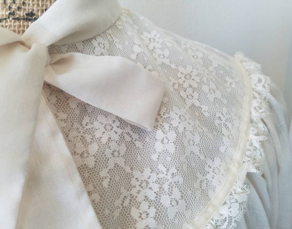 1970s Ivory Lace Yoked Sheer Blouse With Necktie … - image 3