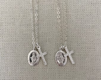 Virgin Mary Cross Necklace, 925 Sterling Silver Duo Charm, Dainty Cross, Tiny Mother Mary Pendant, Miraculous Medal, Catholic Jewelry, Gift