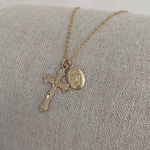 14k Gold Filled Cross, Virgin Mary necklace, Miraculous Medal, Gold Dainty Layering Necklace, Gift for her