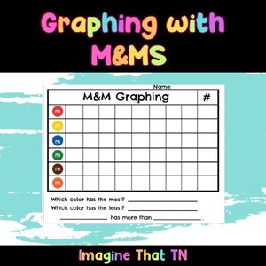 May include: A worksheet titled "M&M Graphing" with a grid for data collection. The worksheet includes prompts to identify the most and least frequent colors. The title "Graphing with M&MS" is at the top, with the Imagine That TN logo at the bottom.