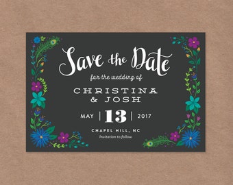 Save the Date // Peacock Feathers // Wedding or Elopement // DIY Custom Printable Save the Date Card // Chalkboard Style Floral Botanicals