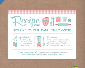 Retro Recipe Cooking Party Printable Bridal Shower Invitation