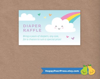 Rain Cloud Diaper Raffle // Baby Shower // DIY Custom Printable Diaper Raffle Insert // Happy Cute Kawaii Rainbow // Instant Download