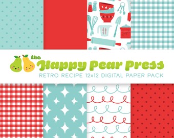 Retro Recipe Cooking Digital Paper Pack (Red) Instant Download - Patterned Backgrounds for Scrapbooking and Paper Crafts