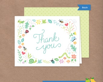 Love Bug Thank You Card // DIY Printable Folded Thank You Note // Green // Instant Download // Ladybug Bee Butterfly Bugs