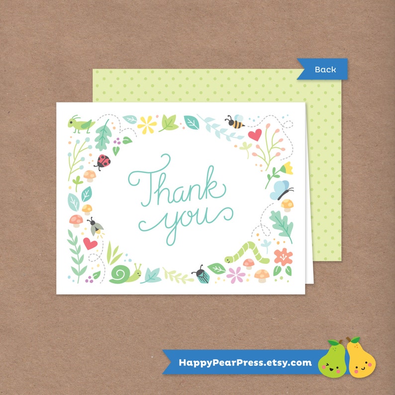 Love Bug Thank You Card // DIY Printable Folded Thank You Note // Green // Instant Download // Ladybug Bee Butterfly Bugs image 1