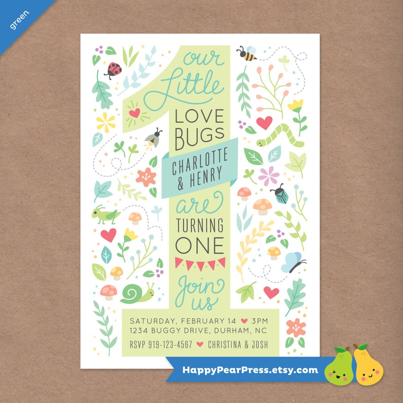 Twin Love Bugs Printable 1st Birthday Party Invitation // DIY Custom Printable Invite // Baby Toddler Kids // Ladybug Bee Butterfly Bugs image 2
