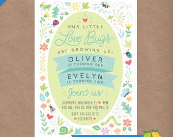 Sibling Love Bugs Printable Birthday Party Invitation // Dual Combo Kids Party // DIY Custom Printable Invite // Ladybug Bee Butterfly Bugs