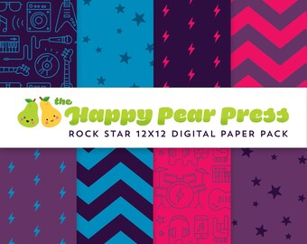 Rock Star Digital Paper Pack // Purple // Instant Download // Patterned Backgrounds for Scrapbooking & Paper Crafts // Guitar Music Pop Star