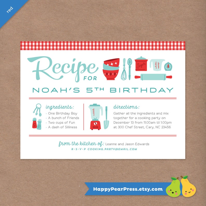 Cooking Party Printable Birthday Invitation // Retro Recipe Card // DIY Custom Printable Invite // Kids Party // Baking Chef Kitchen image 1