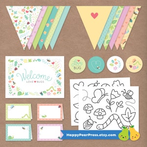 Love Bug Printable Party Pack Instant Download // Birthday Party Kit // Banner, Cupcake Toppers, Labels, Coloring Pages, Welcome Sign