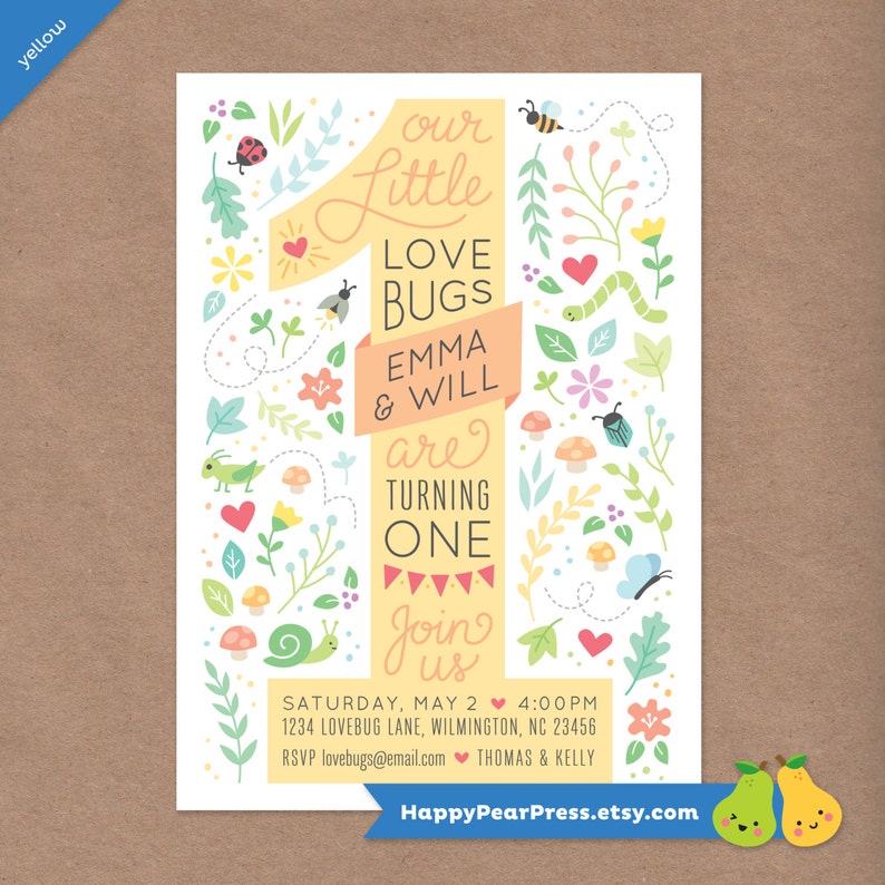 Twin Love Bugs Printable 1st Birthday Party Invitation // DIY Custom Printable Invite // Baby Toddler Kids // Ladybug Bee Butterfly Bugs image 3