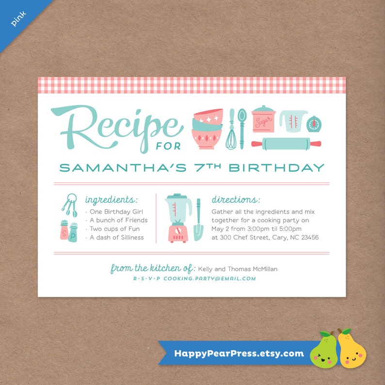 Cooking Party Printable Birthday Invitation // Retro Recipe Card // DIY Custom Printable Invite // Kids Party // Baking Chef Kitchen image 2