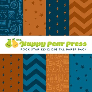 Puede incluir: Un paquete de papel digital con ocho diseños diferentes. Los diseños incluyen instrumentos musicales, estrellas, rayos y chevrones en tonos de azul, naranja y marrón. Se muestra el texto "the Happy Pear Press ROCK STAR 12X12 DIGITAL PAPER PACK".