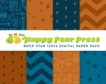 Rock Star Digital Paper Pack // Blue // Instant Download // Patterned Backgrounds for Scrapbooking and Paper Crafts // Guitar Music Pop Star