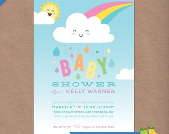 Rain Cloud Baby Shower Invitation // DIY Custom Printable Baby Shower Invite // Happy Cute Kawaii Rainbow