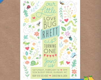 Love Bug Printable 1st Birthday Party Invitation // DIY Custom Printable Invite // Baby Toddler Kids // Ladybug Bee Butterfly Bugs