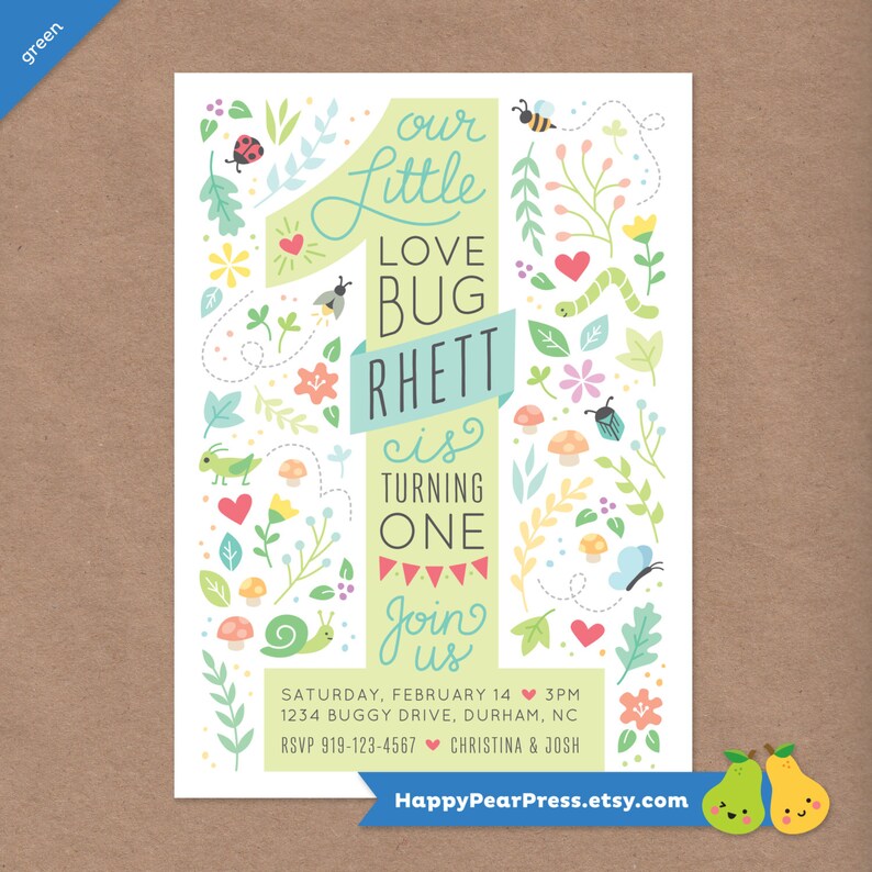 Love Bug Printable 1st Birthday Party Invitation // DIY Custom Printable Invite // Baby Toddler Kids // Ladybug Bee Butterfly Bugs image 1