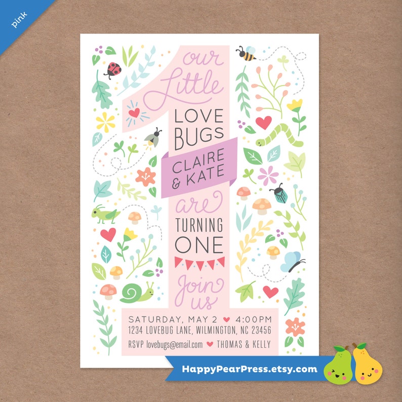 Twin Love Bugs Printable 1st Birthday Party Invitation // DIY Custom Printable Invite // Baby Toddler Kids // Ladybug Bee Butterfly Bugs image 1