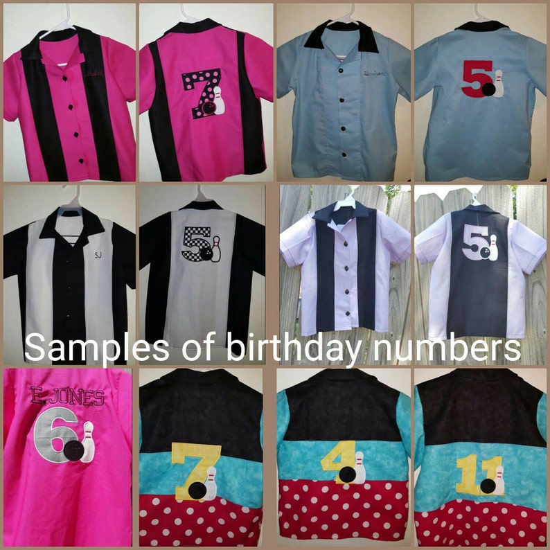 Op de afbeelding: Collectie bowling-shirts met verjaardagsnummers. Shirts in roze, blauw, zwart en wit hebben nummers en bowling pin graphics. Sommige shirts hebben namen geborduurd. De tekst "Samples of birthday numbers" is ook zichtbaar.