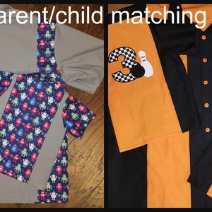Op de afbeelding: Twee sets bijpassende ouder/kind shirts. De ene set is grijs met robotpatronen. De andere set zijn zwarte en oranje bowling shirts met bowling pin en nummer graphics. De tekst "Parent/child matching shirts" staat bovenaan.