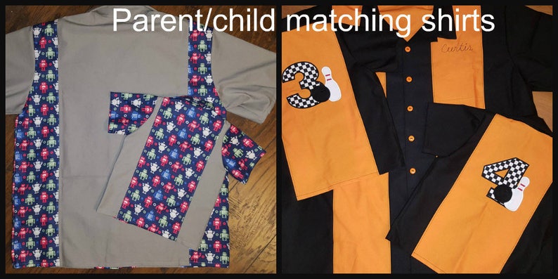 Op de afbeelding: Twee sets bijpassende ouder/kind shirts. De ene set is grijs met robotpatronen. De andere set zijn zwarte en oranje bowling shirts met bowling pin en nummer graphics. De tekst "Parent/child matching shirts" staat bovenaan.