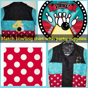 Op de afbeelding: Bowling shirt met zwarte, turquoise en rood gestippelde panelen. De shirt heeft een nummer 4 en een bowling pin ontwerp op de rug. De afbeelding bevat ook een bowling-thema feestdecoratie en rood gestippelde servetten.