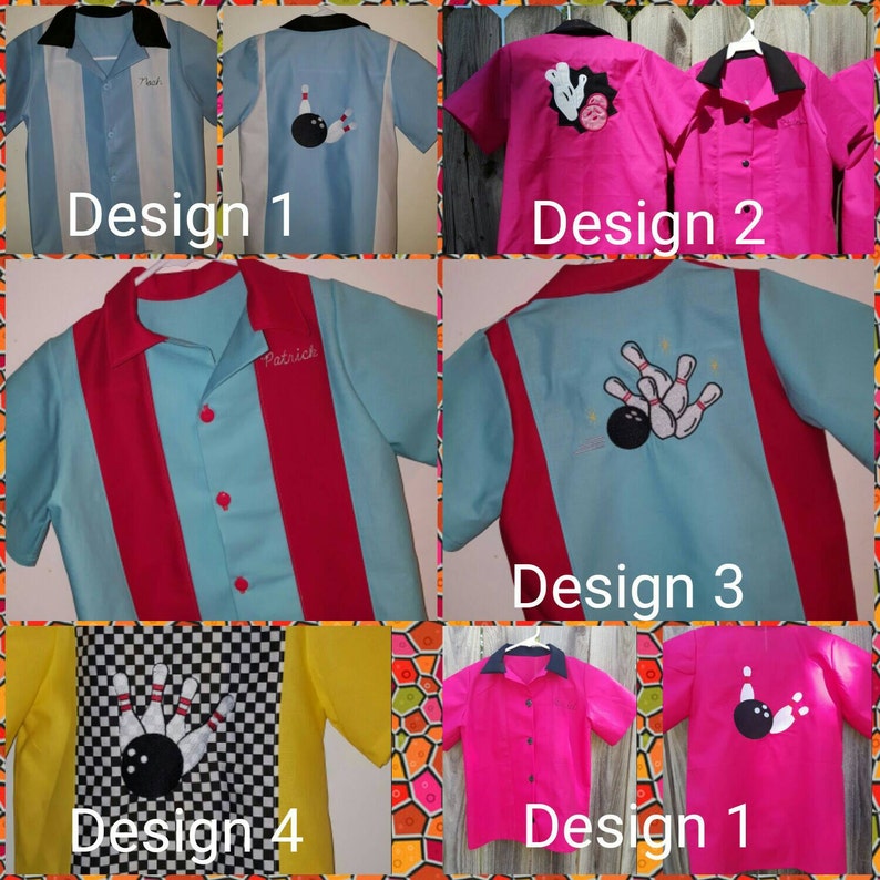 Op de afbeelding: Collectie bowling shirts in diverse designs. Shirts hebben bowling pin- en balafbeeldingen, strepen en kleurencombinaties zoals blauw en wit, roze en geel. Sommige shirts hebben namen geborduurd.