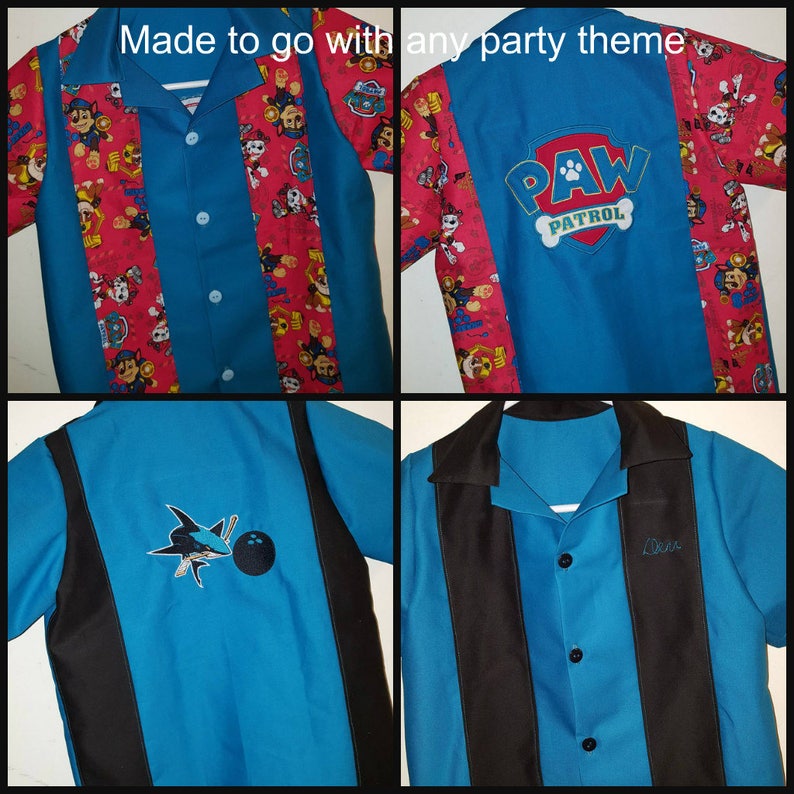Op de afbeelding: Collage van vier shirts met korte mouwen. Twee shirts hebben een blauwe basis met rode panelen met patronen en Paw Patrol-logo's. De andere twee shirts zijn blauw met zwarte panelen en geborduurde ontwerpen, waaronder een haai en een bowlingbal, en de naam "Dean".