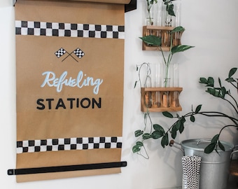 Refueling Station Sign, Race Car Birthday, Checkered Decor, 18x26 Kraft Paper