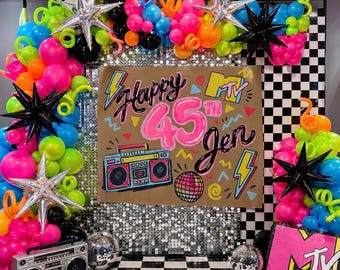 80s Birthday Banner | 4ft x 3ft Neon Retro Party Backdrop | Custom 80’s Theme Birthday Sign | Glow Party Decor | Nostalgic Birthday Banner