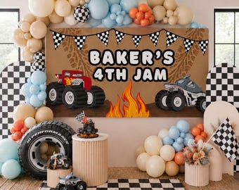 Custom Monster Truck Birthday Banner | Hand Painted Kraft Party Backdrop | Race Truck Birthday Sign | 6ft x 3ft Personalized Party Decor