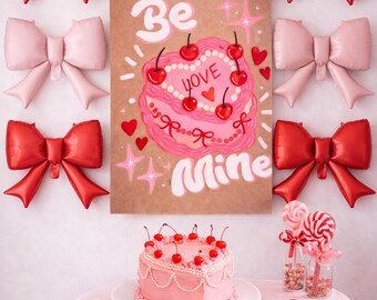 Hand-Painted Valentine’s Banner | “Be Mine” Wall Hanging | 18x28” Kraft Paper Valentine Decor | Cute Heart Cake Art | Classroom, Home, Party