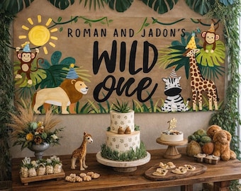 Wild One Safari Birthday Banner – 72” x 36” Jungle Party Backdrop – First Birthday Decor – Custom Name Banner