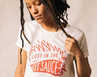 Lost in the Hot Sauce Foodie Tshirt | Food Pun Shirt | Ghost Pepper Chili | Tacos | Shirts with Sayings | Mexican Food | ATX | Chili Pepper