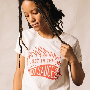 Lost in the Hot Sauce Foodie Tshirt | Food Pun Shirt | Ghost Pepper Chili | Tacos | Shirts with Sayings | Mexican Food | ATX | Chili Pepper