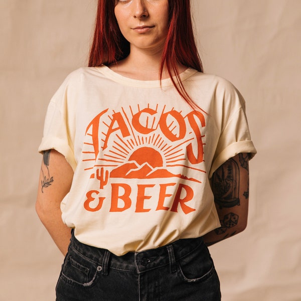 Tacos & Beer Mens Womens Foodie T shirt | Funny Taco Shirt | Taco Tshirt | Cerveza | Brewing | Desert | Mexican Food | 70s Boho Vintage