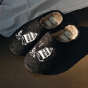 Dead Tired Slippers by Pyknic | Comfy, Plush Warm Fleece Slippers for Coffee Lovers, Foodies, Tattoo Art, Coffee Mug image 3