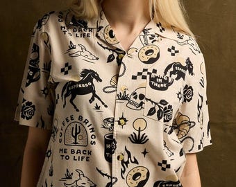 Cowboy Coffee Button Up Shirt, Western Coffee Lover Gift, Tattoo Flash Inspired, Texas California Country, Horse Shirt, Donuts in the Desert