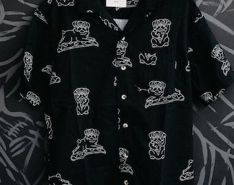 Duncan Pizza Pug Button-Up, Dog Shirt, Pizza Shirt, Gift for Foodies, Button Down Shirt, Tattoo Flash, Vacation Shirt